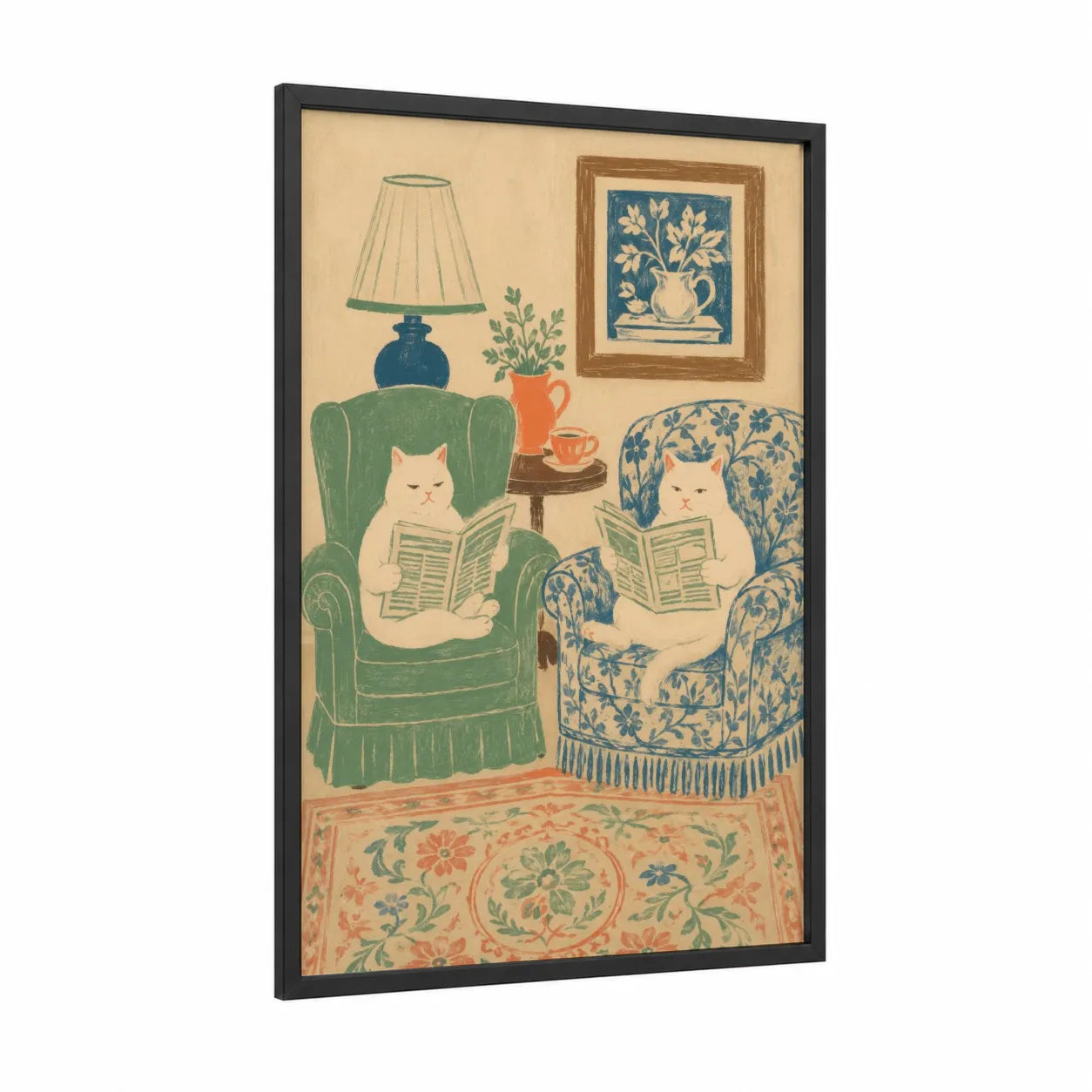 Cats Reading Newspapers Wall Art framed art print — black wood frame — teal and beige palette