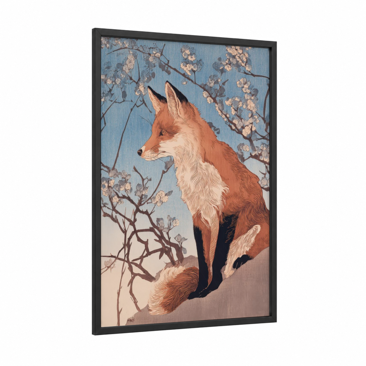 Flowering Fox framed art print — black wood frame — blue and peach palette