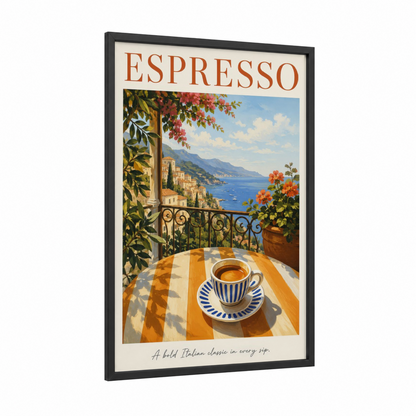 Italian Coastal Espresso Coffee Wall Art framed art print — black wood frame — blue and espresso palette