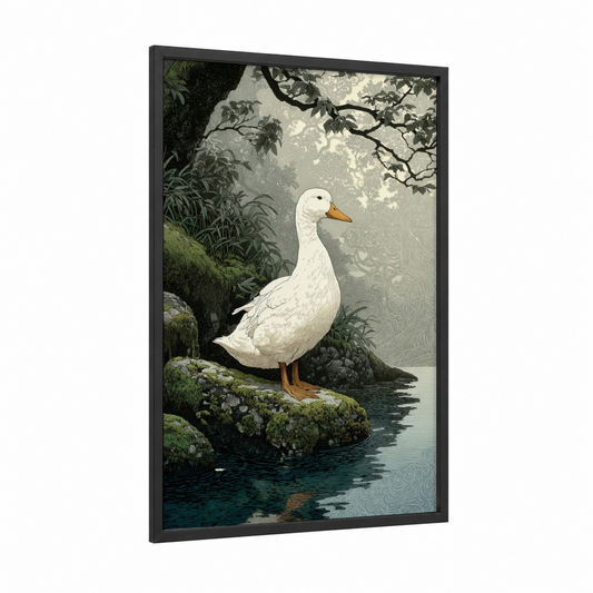 Woodland Duck framed ducks print — black wood frame — white and green palette
