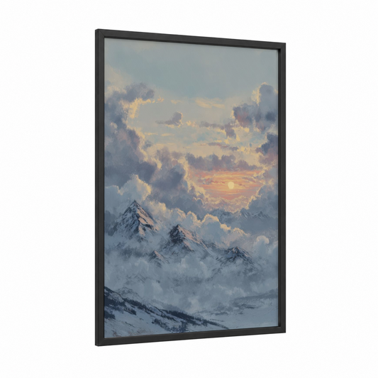 Snowy Mountain Sunrise framed winter print — black wood frame — gold and blue and white palette