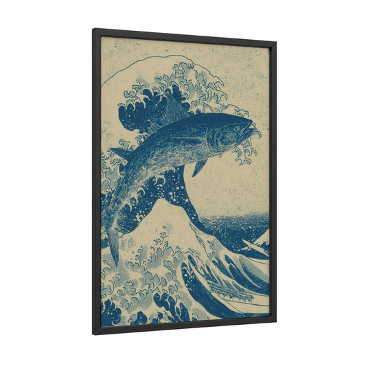 Great Wave Tuna framed art print — black wood frame — dark blue and cream palette