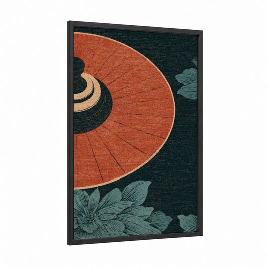 Crimson Roulette framed art print — black wood frame — red and dark blue palette
