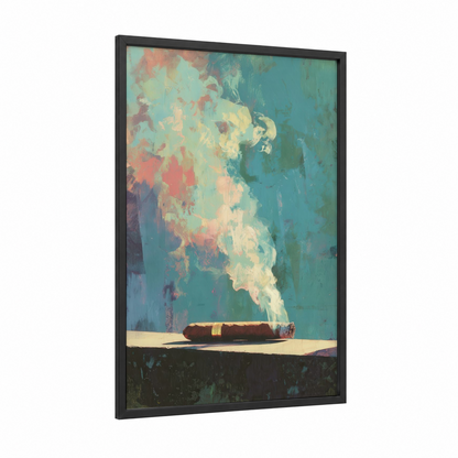 Smoky Contemplation framed cigars print — black wood frame — teal and cream palette