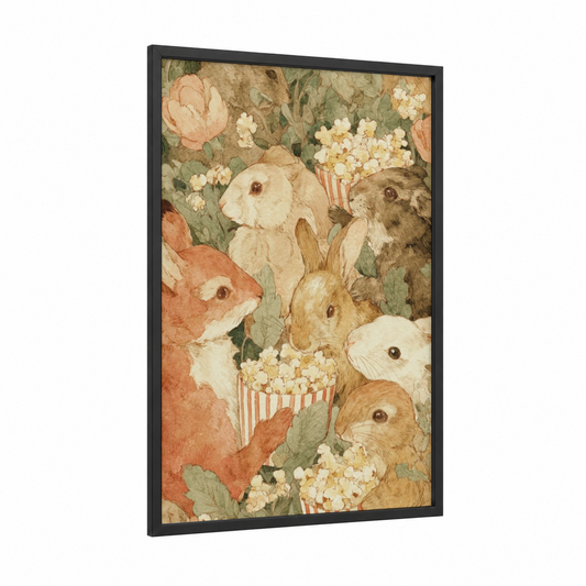 Popcorn Garden framed art print — black wood frame — sage green and cream palette