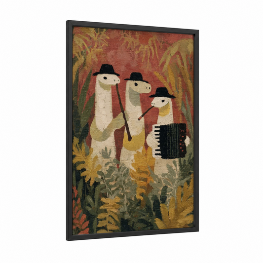 Whimsical Boa Musicians framed boa constrictor print — black wood frame — red and olive palette