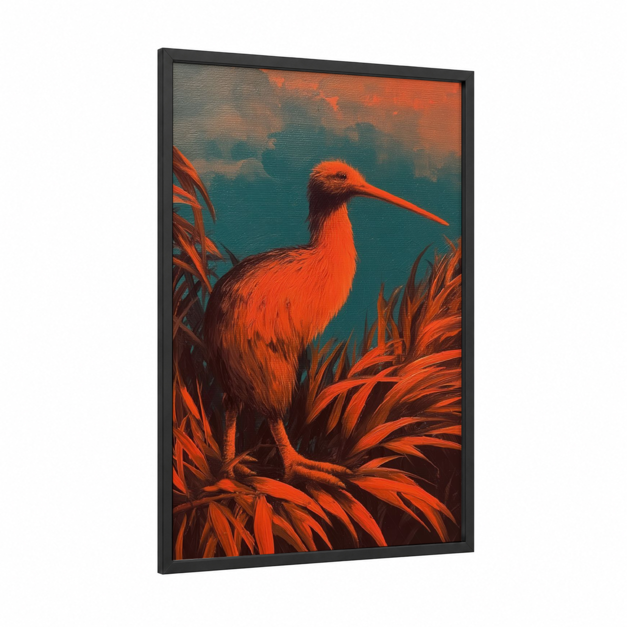Crimson Kiwi framed art print — black wood frame — orange and teal palette