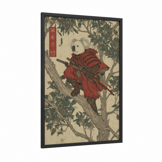 Samurai Koala framed art print — black wood frame — red and dark green palette