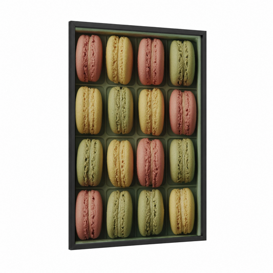 Pastel Macaron Box framed baking print — black wood frame — beige and pink palette