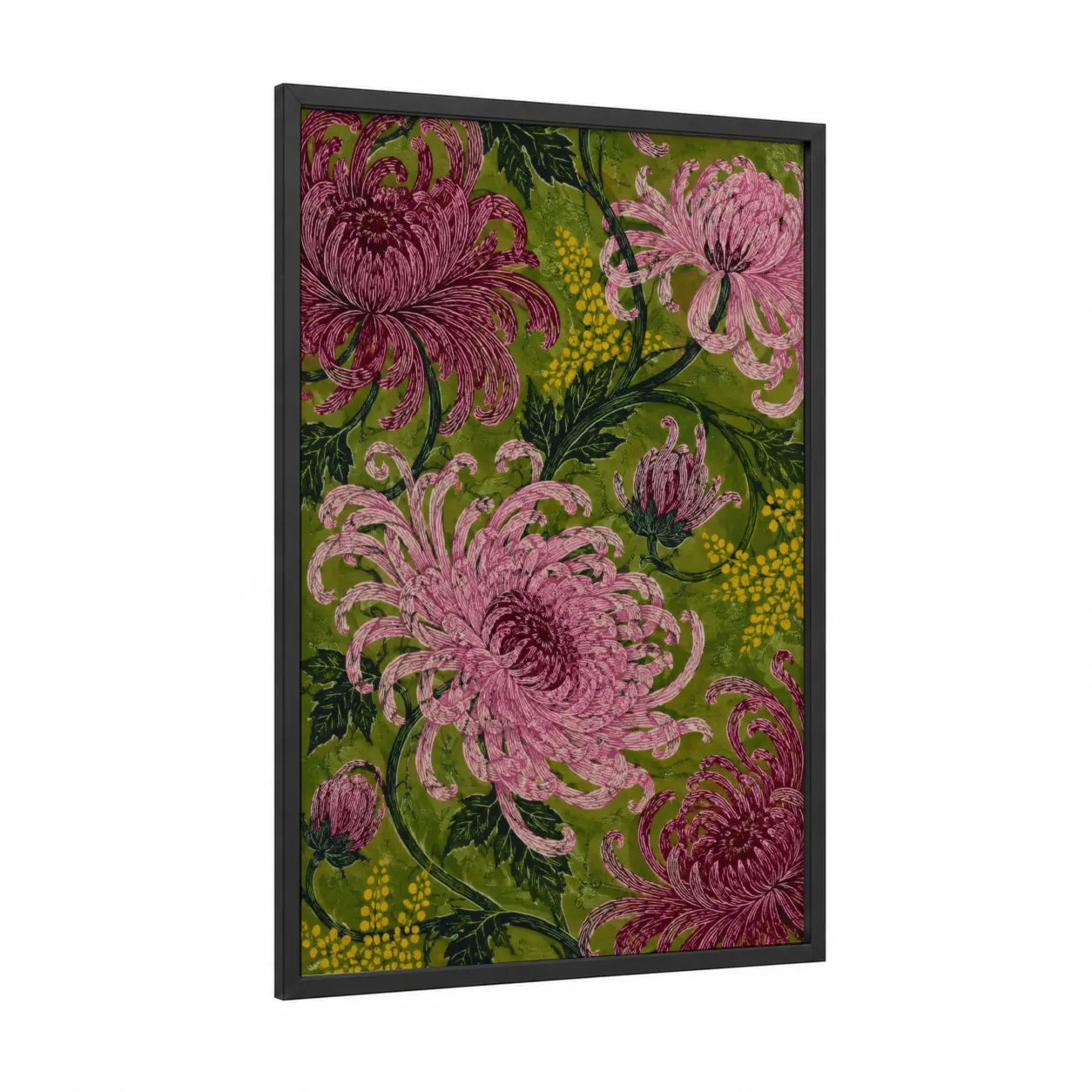 Japanese Chrysanthemum Garden Wall Art framed art print — black wood frame — olive and pink palette