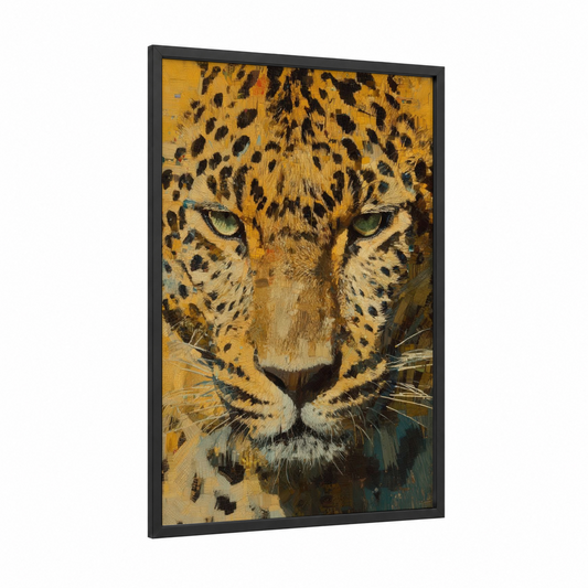 Golden Leopard framed art print — black wood frame — gold and black palette