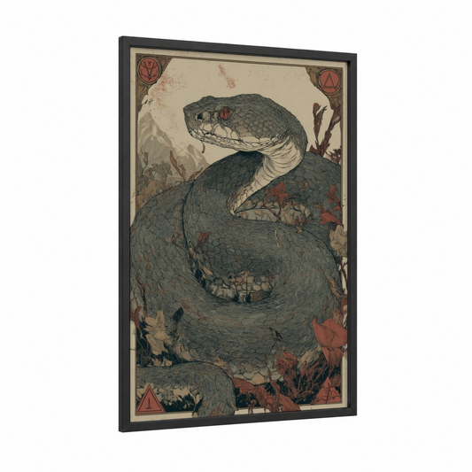 Coiled Rattlesnake framed art print — black wood frame — dark green and cream palette