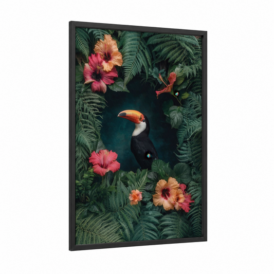 Tropical Toucan framed art print — black wood frame — true green and salmon pink palette