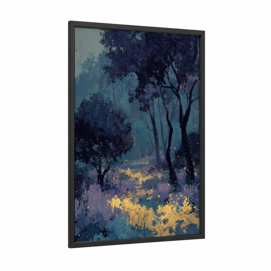 Mystical Cedar Grove framed cedar tree print — black wood frame — dark blue and gold palette
