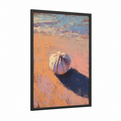 Sandy Urchin framed sea urchin print — black wood frame — peach and blue palette