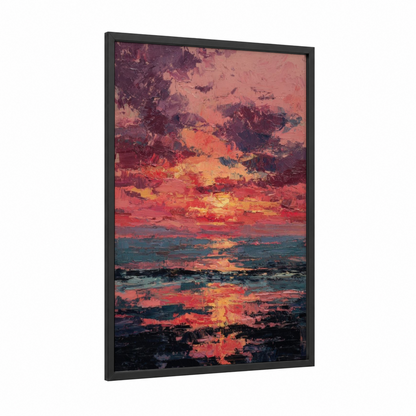 Crimson Sunset Reflection framed beach sunrise and sunsets print — black wood frame — red and gold palette