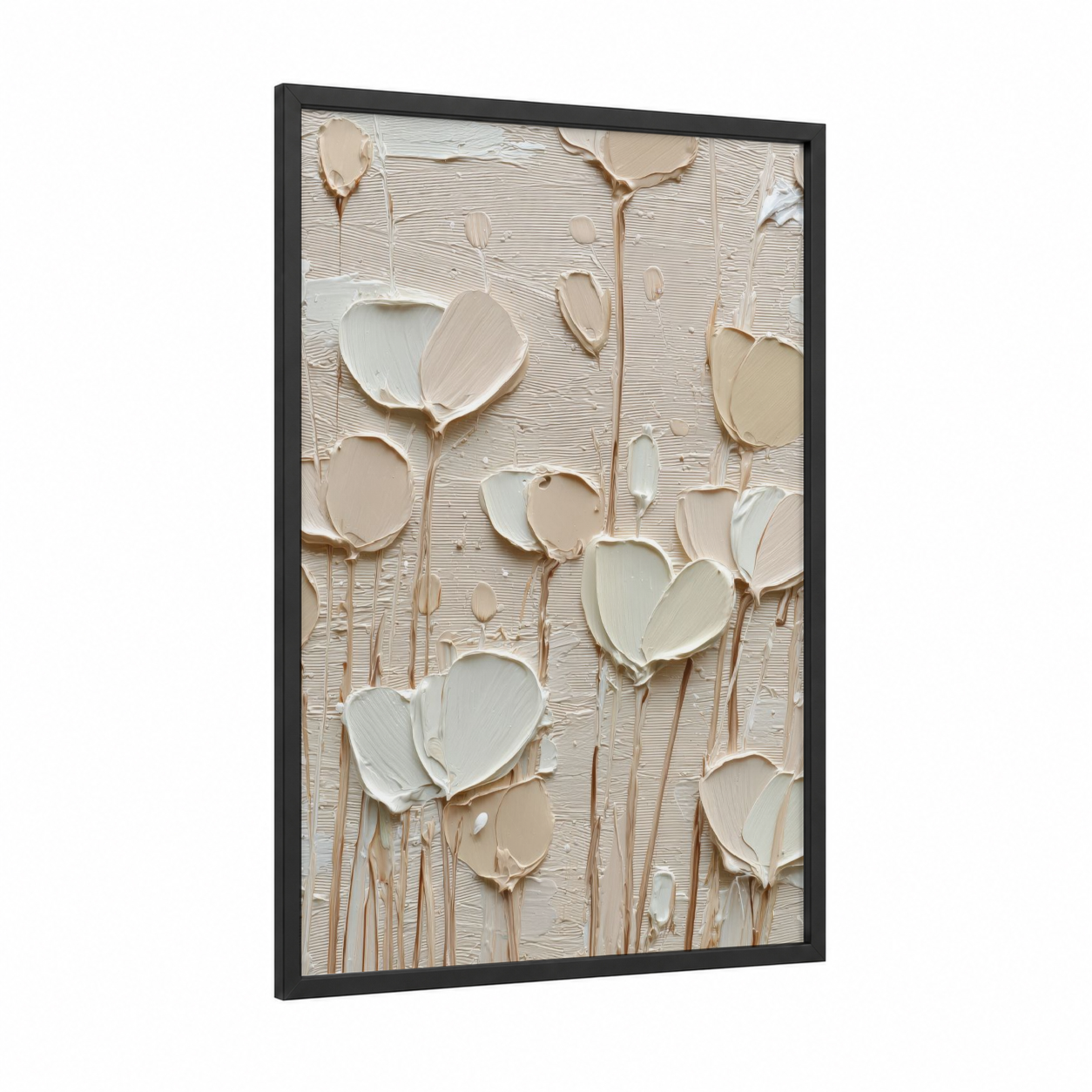 Textured Blooms framed abstract flower print — black wood frame — beige and white palette