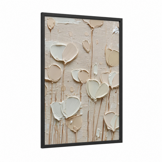 Textured Blooms framed abstract flower print — black wood frame — beige and white palette