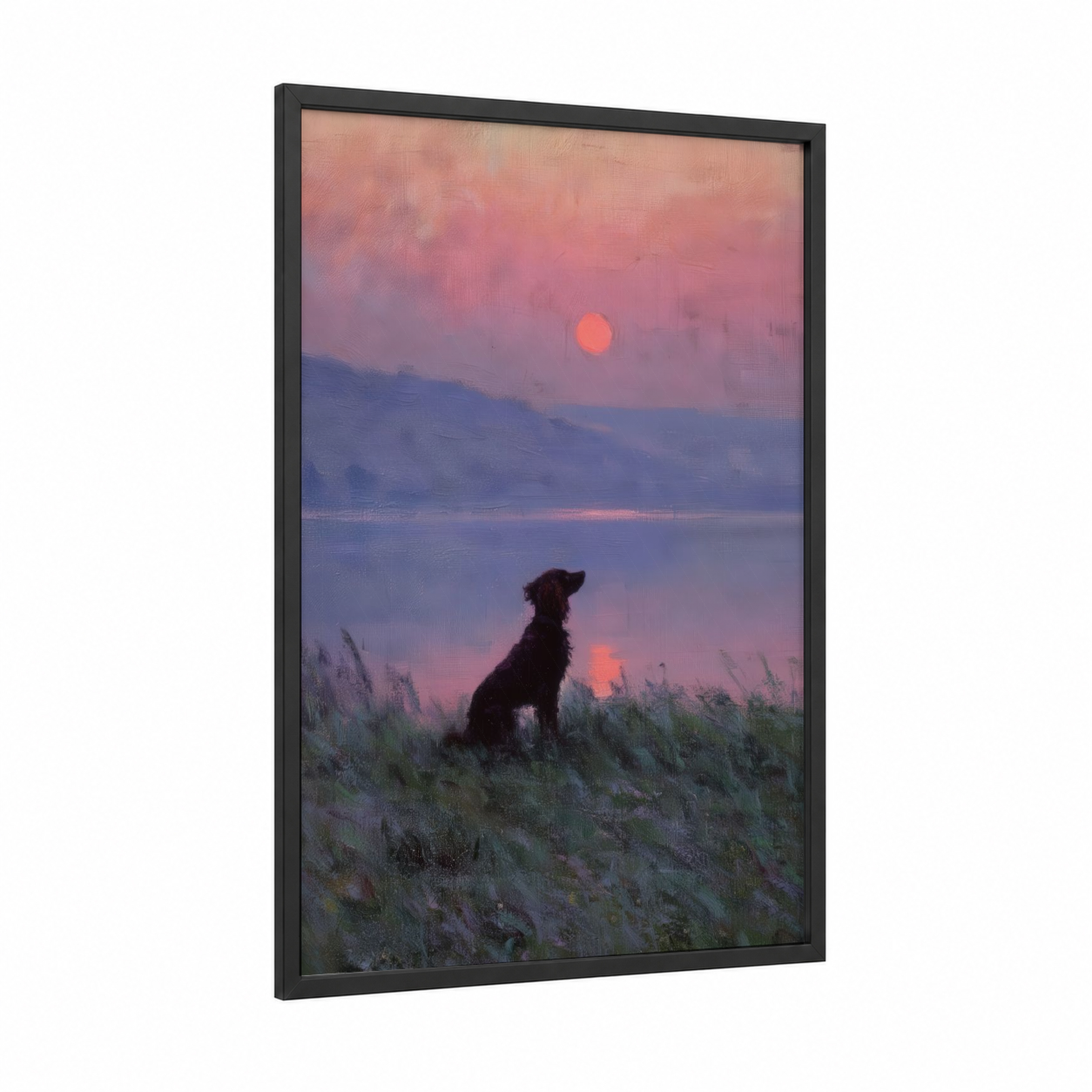 Sunset Spaniel framed art print — black wood frame — pink and blue palette