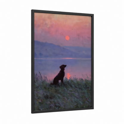 Sunset Spaniel framed art print — black wood frame — pink and blue palette