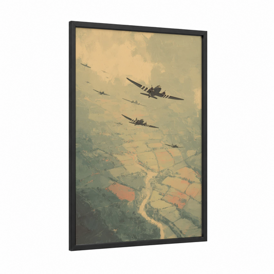 Squadron Formation framed military plane print — black wood frame — gold and beige palette
