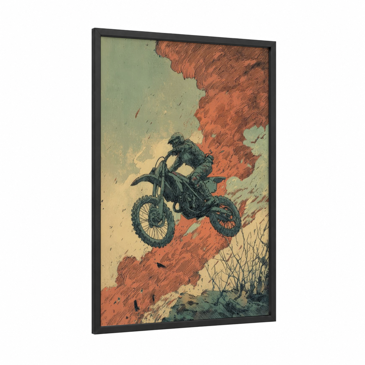 Desert Stunt Rider framed vintage motorcycle print — black wood frame — sage green and russet palette