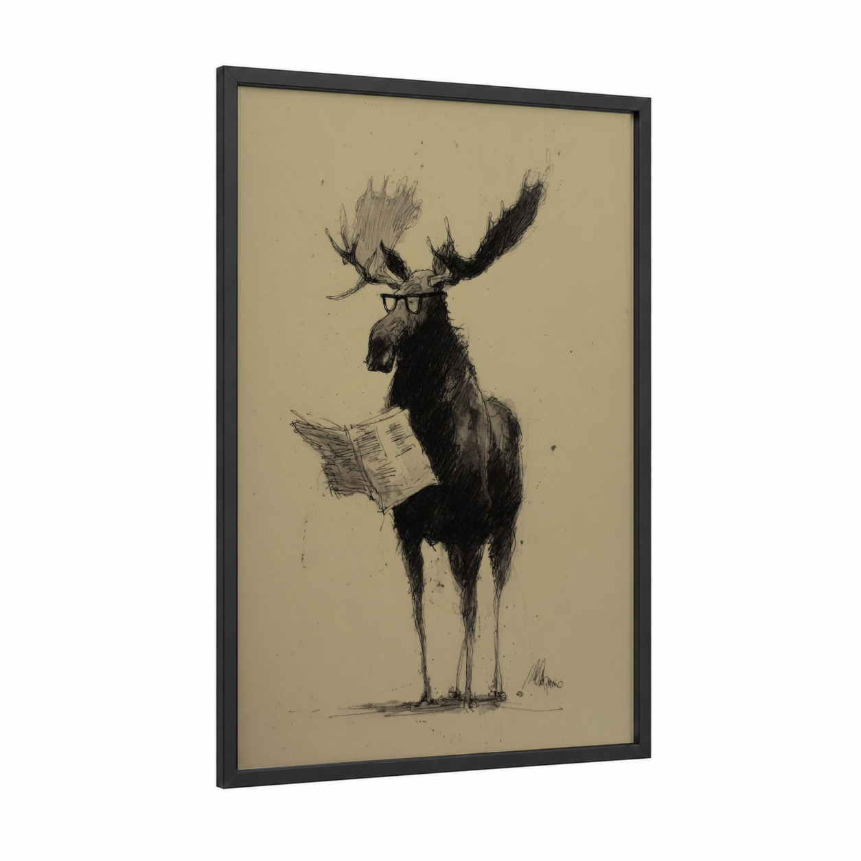 Scholarly Moose framed art print — black wood frame — beige and black palette