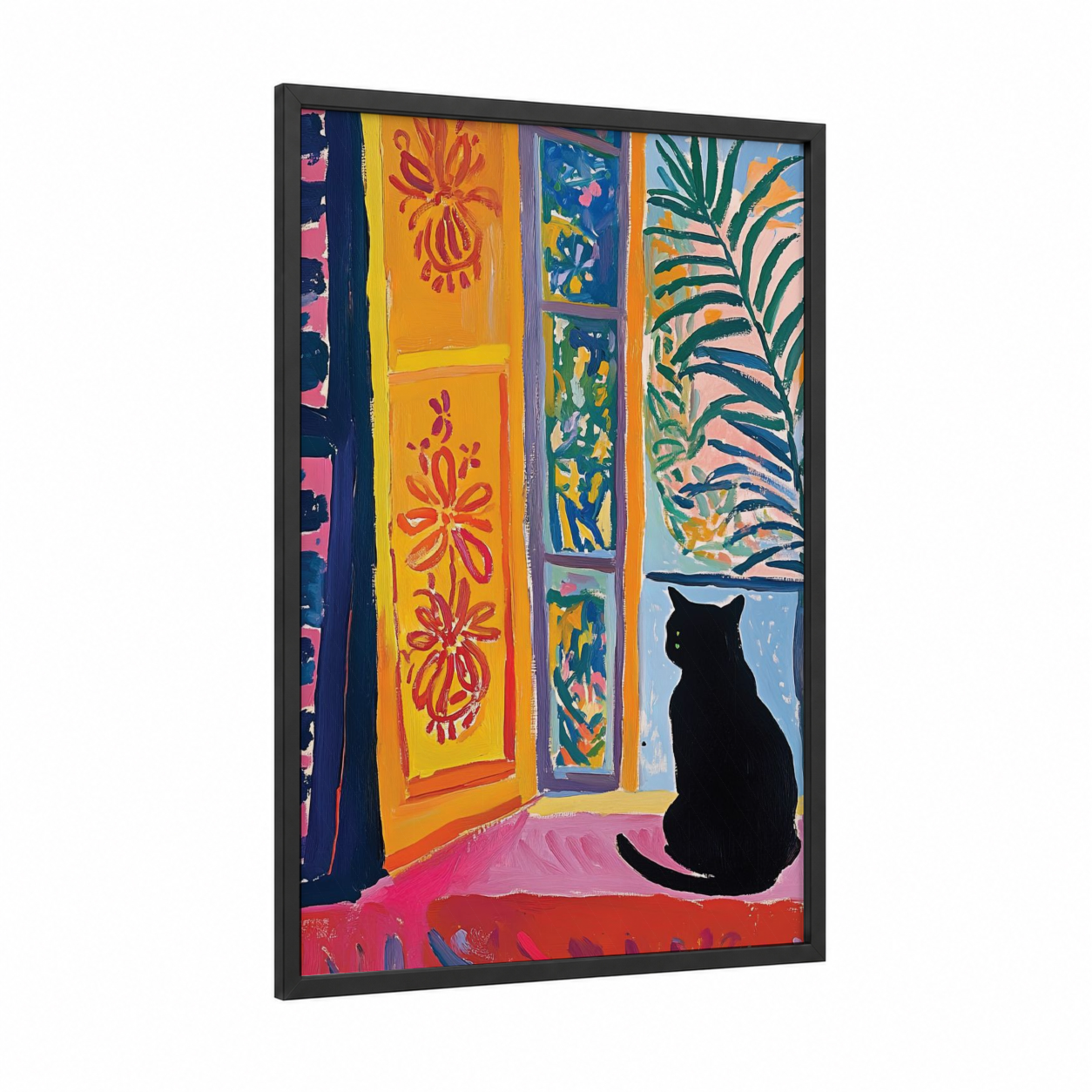 Windowsill Cat framed art print — black wood frame — orange and pink palette