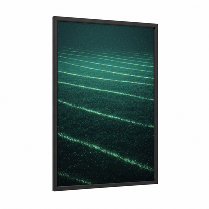 Nighttime Stadium Field framed stadiums and fields print — black wood frame — teal and black palette