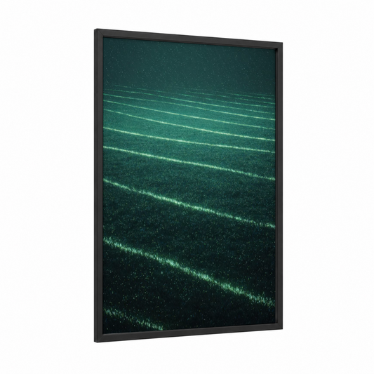 Nighttime Stadium Field framed stadiums and fields print — black wood frame — teal and black palette