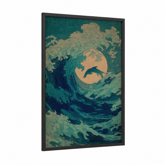 Moonlit Wahoo framed art print — black wood frame — teal and cream palette