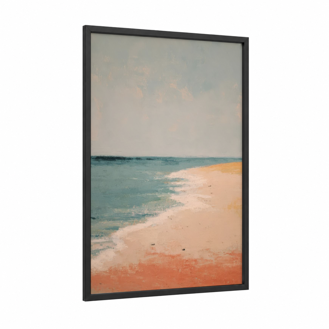 Coastal Summer framed art print — black wood frame — peach and teal palette