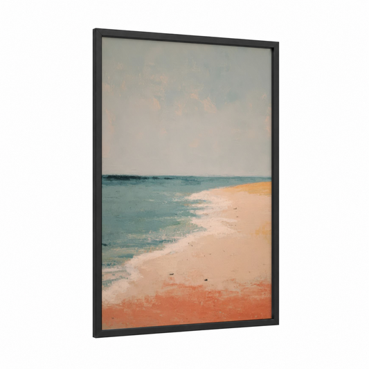 Coastal Summer framed art print — black wood frame — peach and teal palette