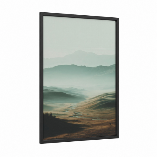 Misty Dune Landscape framed art print — black wood frame — sage green and russet palette