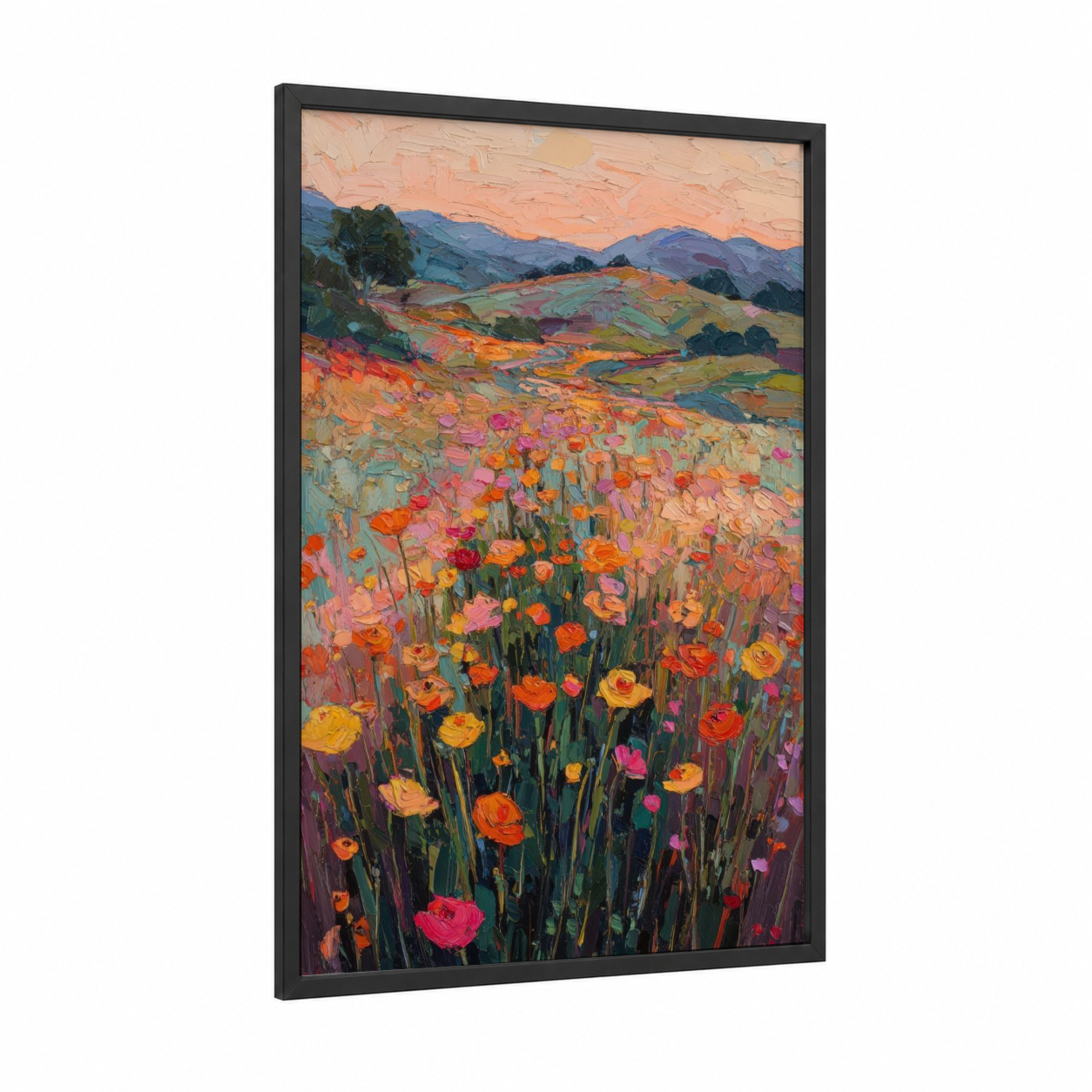 Wildflower Meadow framed ranunculus print — black wood frame — orange and pink palette