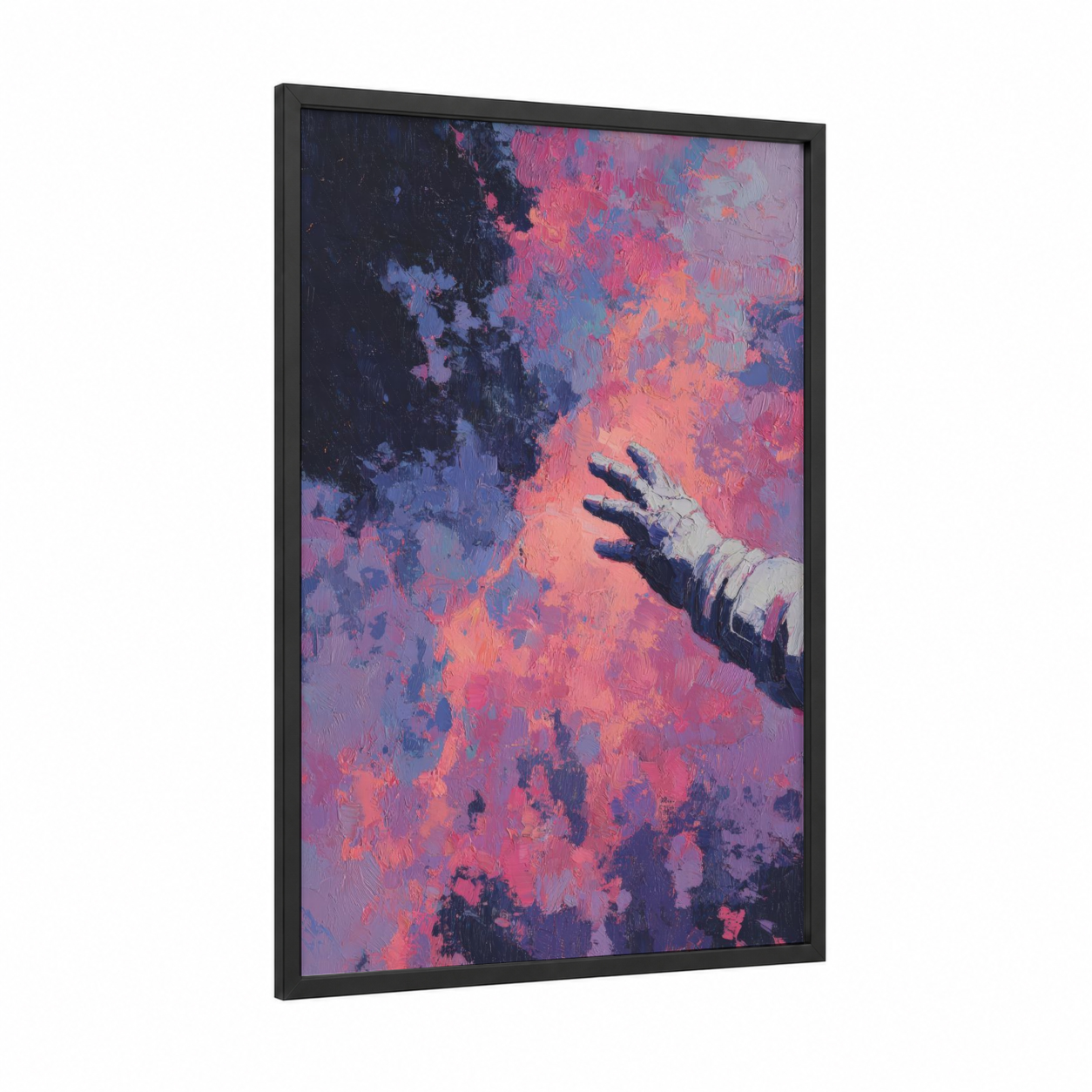 Cosmic Explorer framed astronaut print — black wood frame — magenta and blue palette