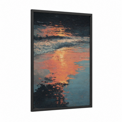 Golden Tide Sunrise framed beach sunrise and sunsets print — black wood frame — gold and teal palette