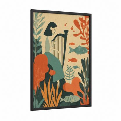 Underwater Siren framed art print — black wood frame — cream palette