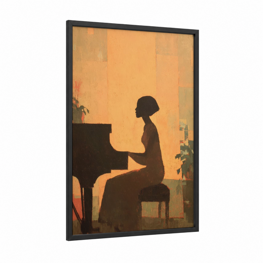 Silhouette Pianist framed piano print — black wood frame — gold and black palette