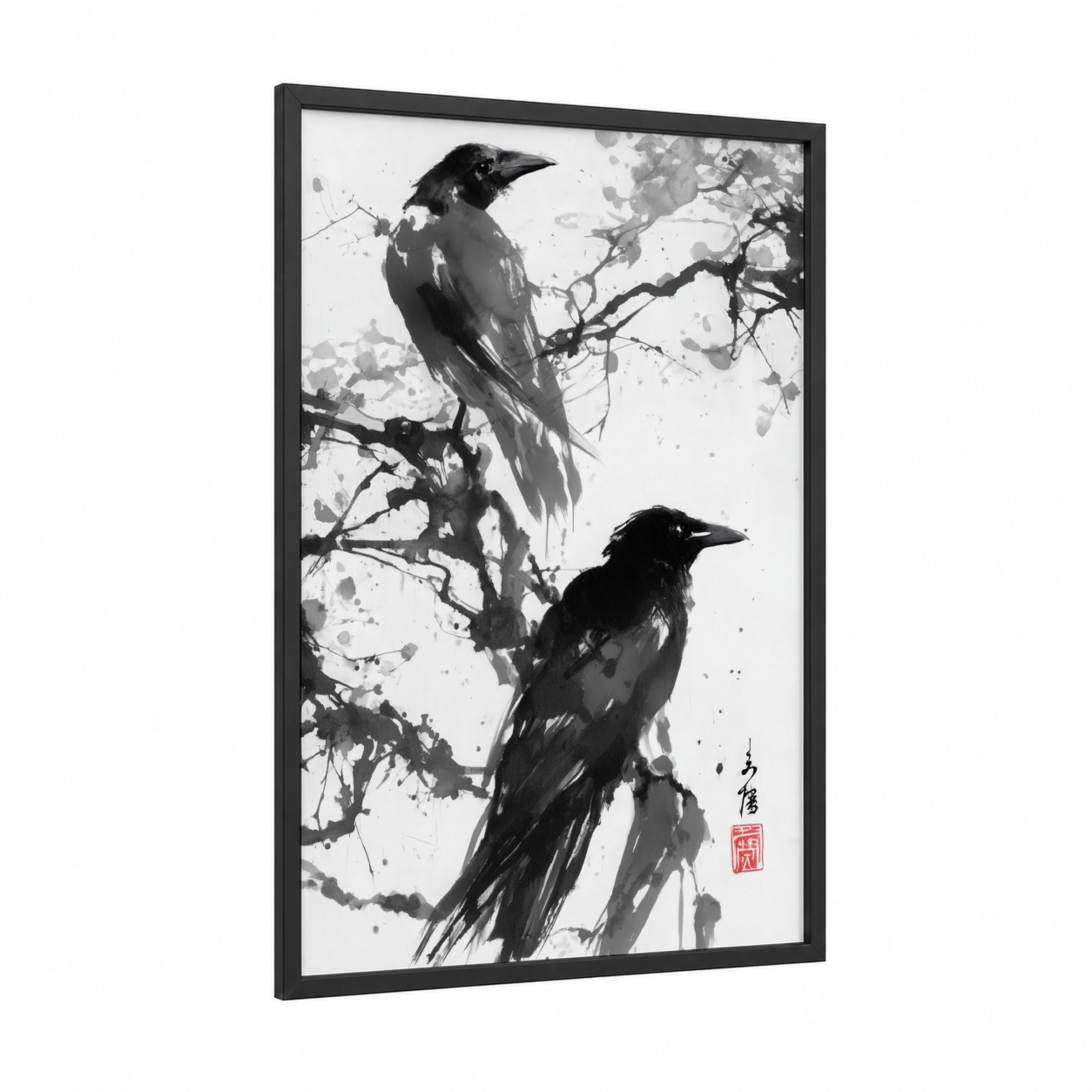 Perched Ravens Ink framed crows and ravens print — black wood frame — black and white and gray palette