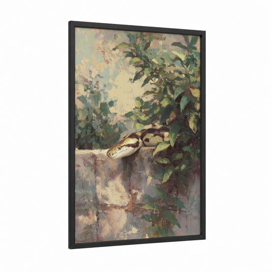 Garden Python framed art print — black wood frame — sage green and cream palette
