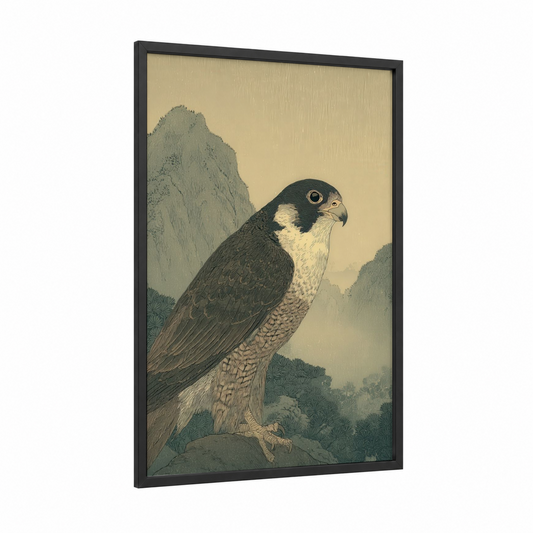 Mountain Falcon framed hunting print — black wood frame — beige and gray palette