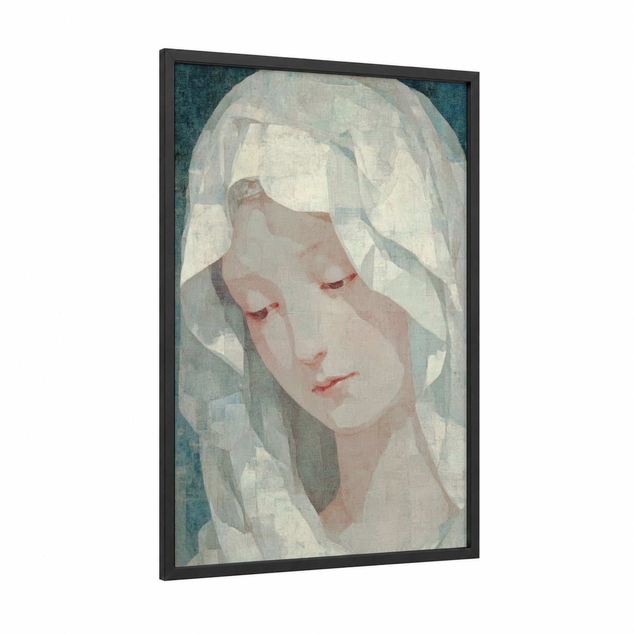 Veiled Contemplation framed virgin mary print — black wood frame — blue and white and peach palette
