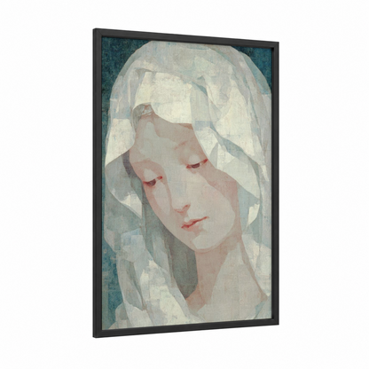 Veiled Contemplation framed virgin mary print — black wood frame — blue and white and peach palette