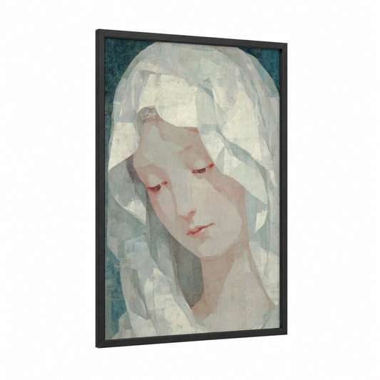 Veiled Contemplation framed virgin mary print — black wood frame — blue and white and peach palette