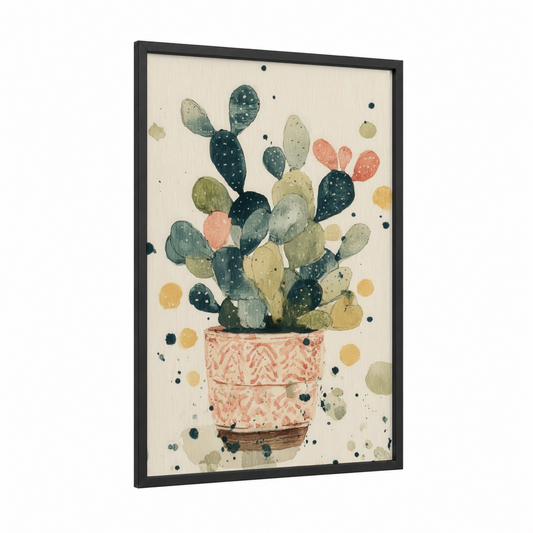 Potted Cactus Garden framed art print — black wood frame — sage green and peach palette