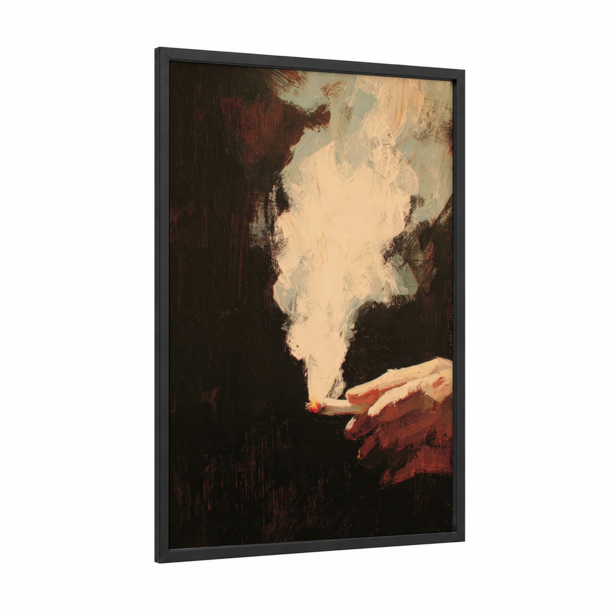 Smoking Contemplation framed cigars print — black wood frame — black and russet palette