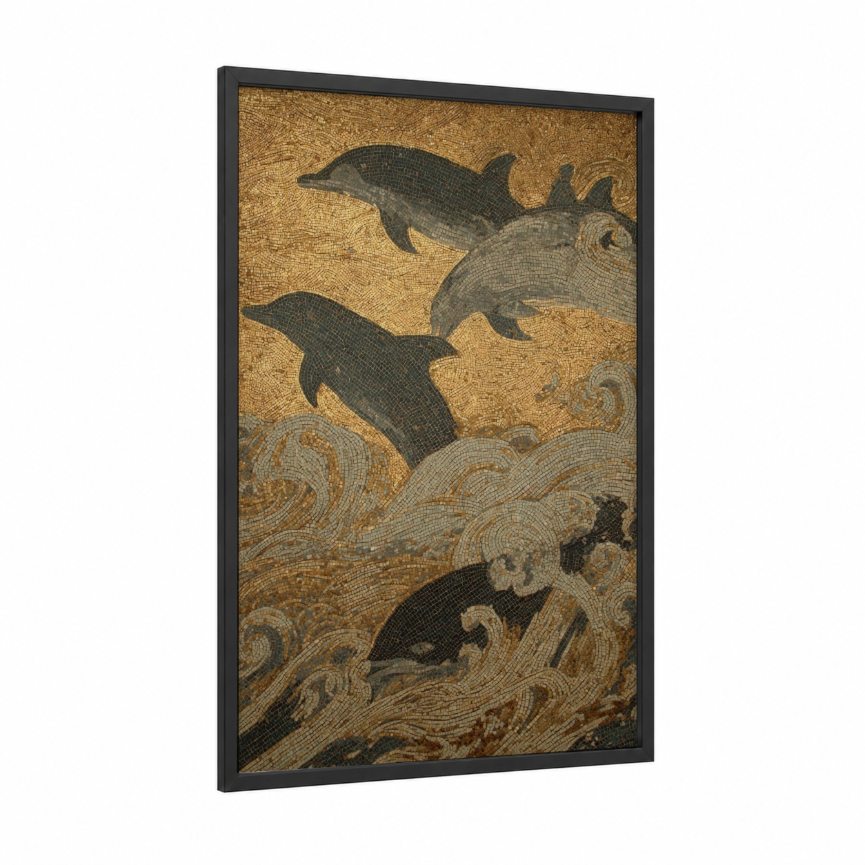 Ancient Dolphins framed art print — black wood frame — gold and black palette