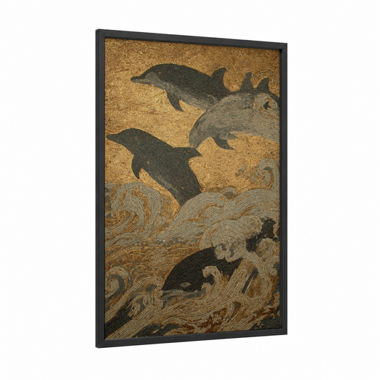 Ancient Dolphins framed art print — black wood frame — gold and black palette