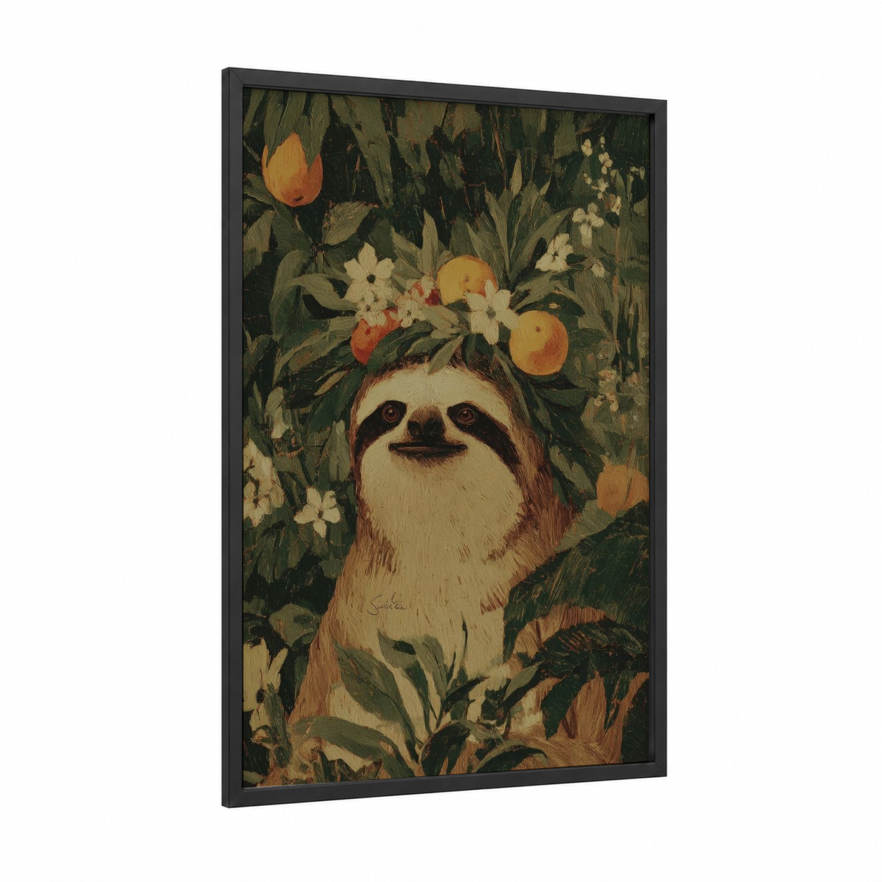 Whimsical Sloth Crown framed art print — black wood frame — sage green and gold palette
